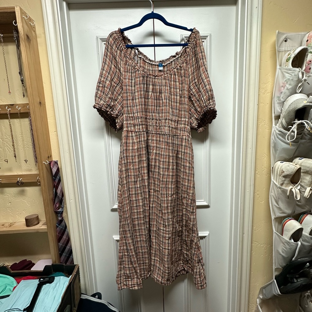 Brown and Tan Plaid Tea Length Dress